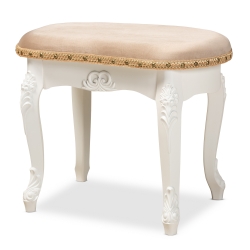 Baxton Studio Gabrielle Traditional French Country Provincial Sand Velvet Fabric Upholstered White-Finished Wood Vanity Ottoman